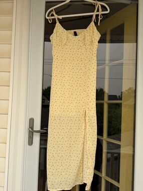Yellow Floral Midi Dress with Front Slit